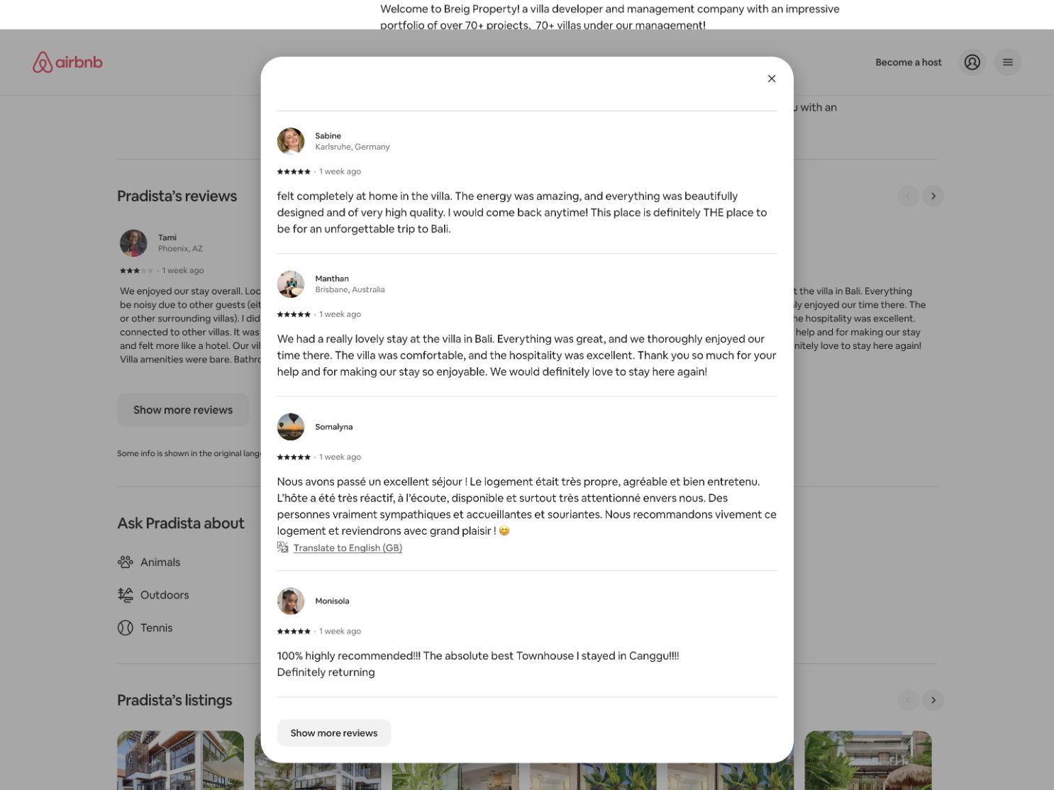 Airbnb · ملف المضيف لدى BREIG (Pradista). مختارات من تقييمات الضيوف، 29 سبتمبر 2026