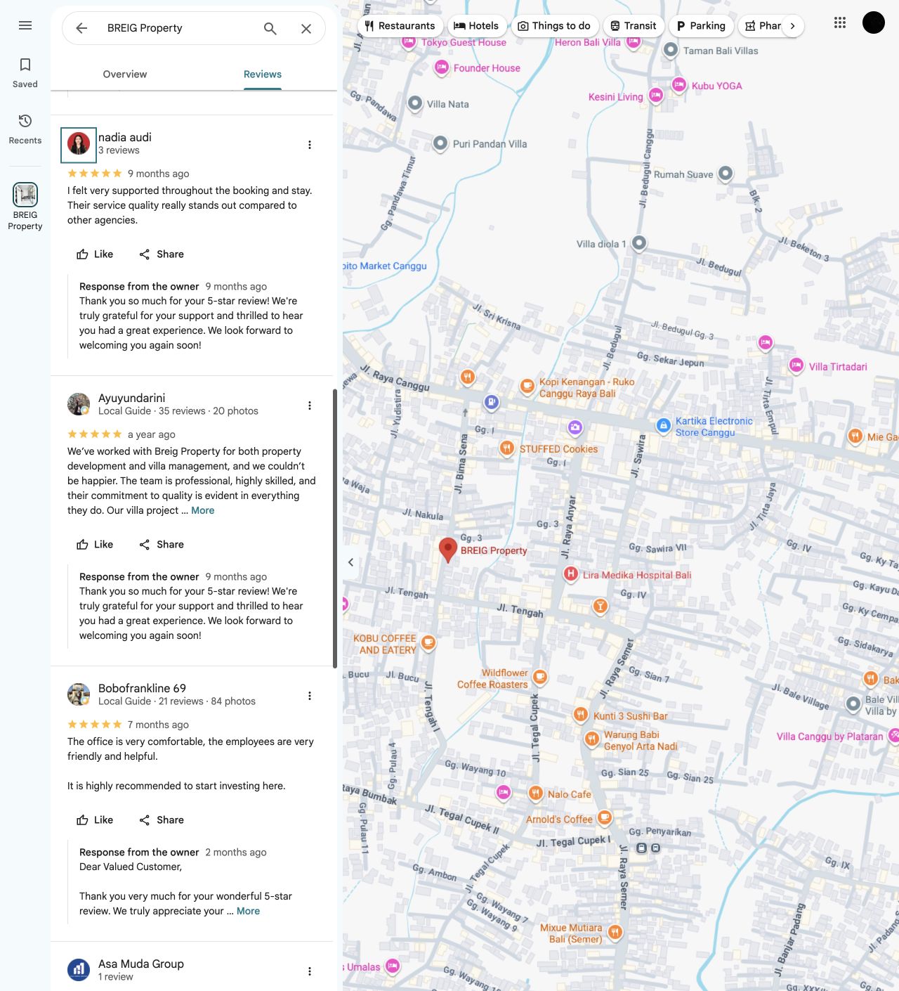 مقتطفات من لقطة شاشة لـ Google Maps: دعم الضيوف وتطوير الفلل وإدارتها والفريق